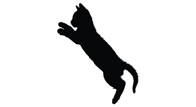 Black silhouette of a playful kitten reaching upwards against a white background