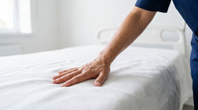 A close-up photograph focuses on a caregiver's hand, dressed in a blue uniform sleeve, resting gently on the textured white linen of a hospital bed in a bright room.