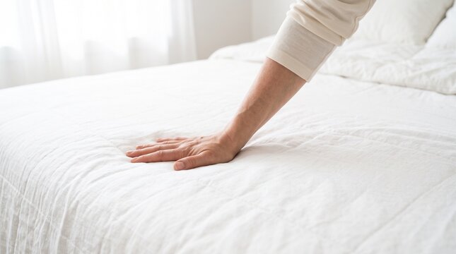 A close-up shot of a person&rsquo;s hand pressing softly onto a clean, white, quilted bed cover. The scene features a bright, minimalist, and serene bedroom setting with soft natural light.