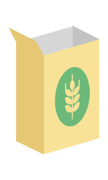 Open cardboard cereal box with a golden wheat stalk emblem on a light yellow package isolated on a white background, breakfast food packaging concept