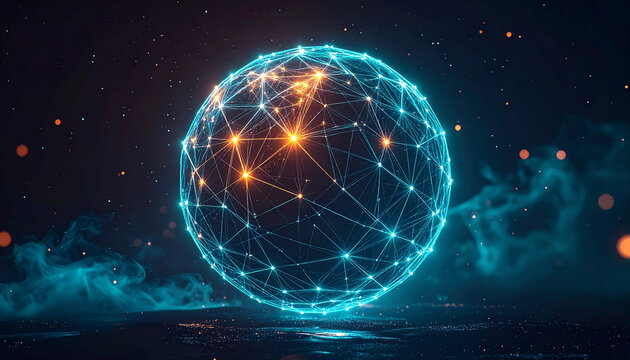 This glowing digital sphere represents global connectivity and innovation. The abstract data network, with no people, symbolizes technology, future communication, and networking in deep space.