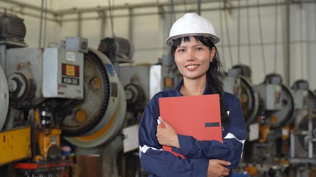 Female engineer wearing hard hat and protective uniform holding red folder inside manufacturing factory, confident industrial worker among heavy machinery, metalworking equipment, and industrial
