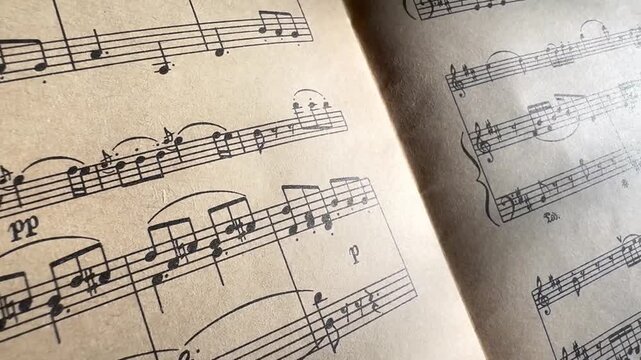 Old sheets with music notes. Close-up. Retro style. Selective focus. Notes on music score paper. Concept background for musical content. Musical notes on sheet music with clear details