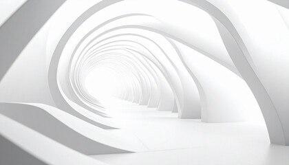 Fototapeta premium An abstract 3D render of a bright white curved tunnel. This minimalist architectural space, with nobody present, evokes serenity, futuristic progress, and endless possibilities for design concepts.
