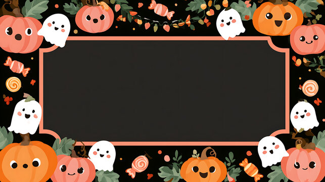Dark Halloween photo frame banner with cute ghost character