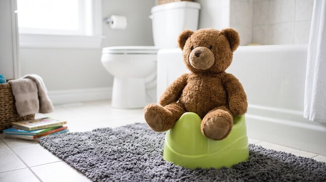 Teddy bear sitting on a potty in a modern bathroom setting for child development and parenting concepts