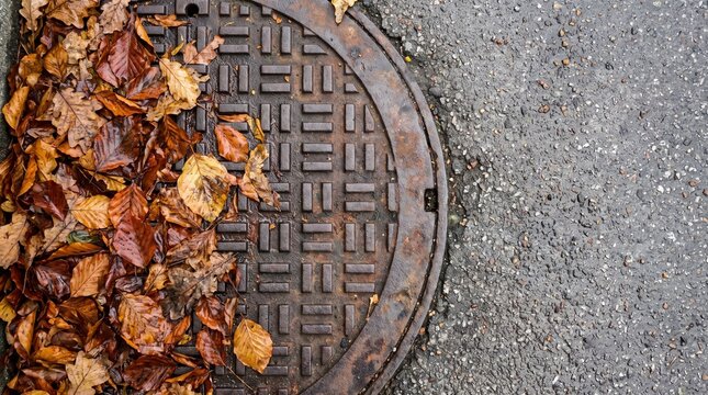 Autumn leaves covering a rusted metal manhole cover on a grey asphalt road surface