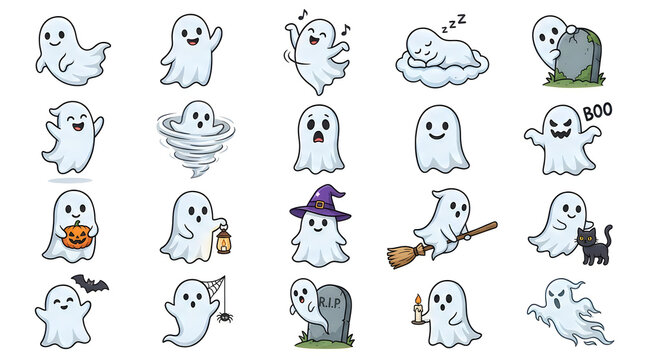 A delightful collection of spooky and charming halloween themed ghost character designs perfect for festive celebrations and
