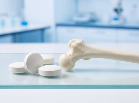 Animal joint health supplements with bone model and white calcium pills in veterinary laboratory for pet arthritis treatment research and nutrition