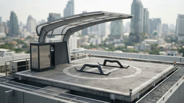 Compact vertiport station with charging cabinet, protective canopy, landing skids, and fiber reinforced pavement beside a blurred city skyline