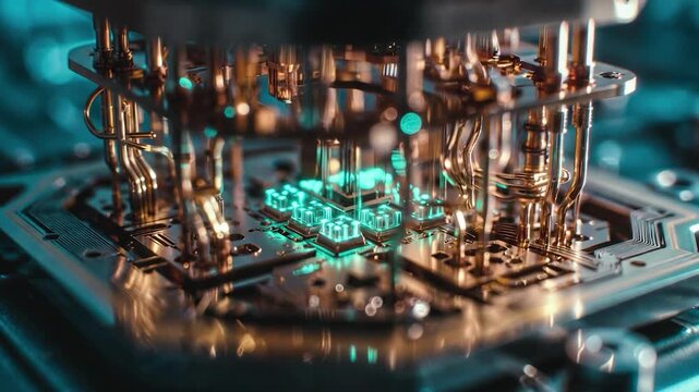 Quantum computer processor with glowing qubits for advanced scientific research and data processing inside a modern laboratory