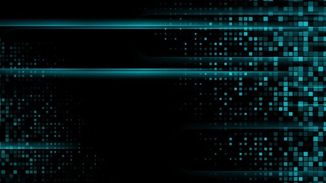 Blue glowing digital pixel grid with horizontal lines on black background. Small squares and dots form halftone structure. Seamless loop. Video animation Ultra HD 4K 3840x2160