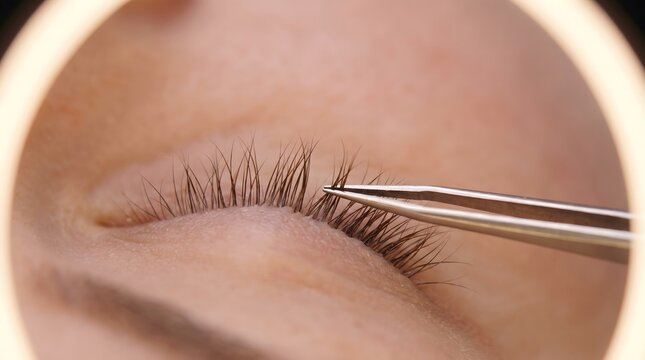 Close up of eyelash extension application with tweezers
