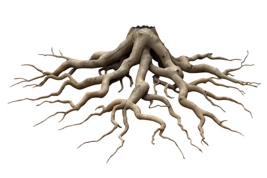Wide tree root system with rugged branching structure