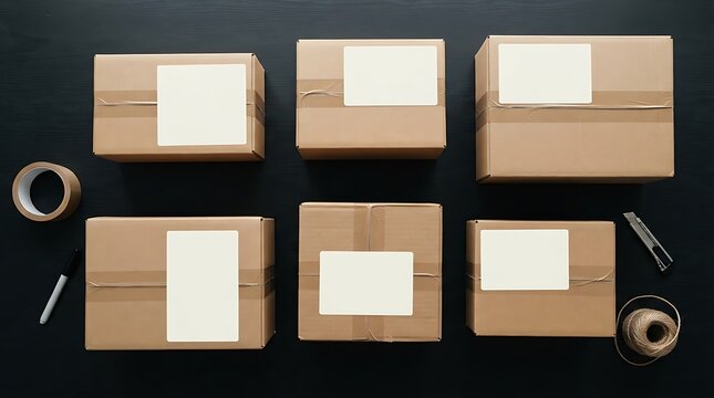 Shipping Boxes Ready for Dispatch: A collection of cardboard boxes, neatly arranged and ready for shipment, sits on a dark surface, accompanied by packing tape and scissors.