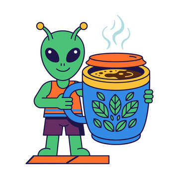 Cute Alien Holding A Giant Coffee Mug Cartoon