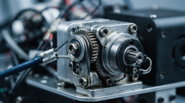 Servo gearbox with encoder ring and tendon cable, showing metallic texture, machine oil, and precision mechanical detail