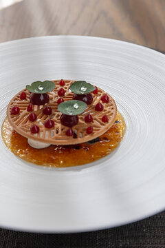 Close up of an exquisite gourmet dessert with wafer disc and berry gel dots