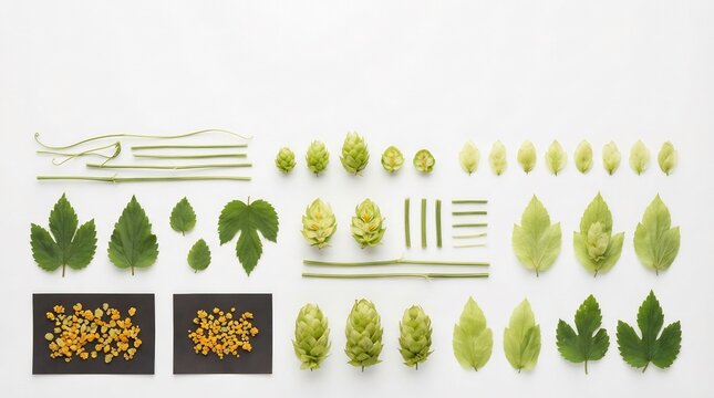 Green hop cones, leaves, and lupulin granules arranged in flat lay knolling for Oktoberfest beer brewing concept.
