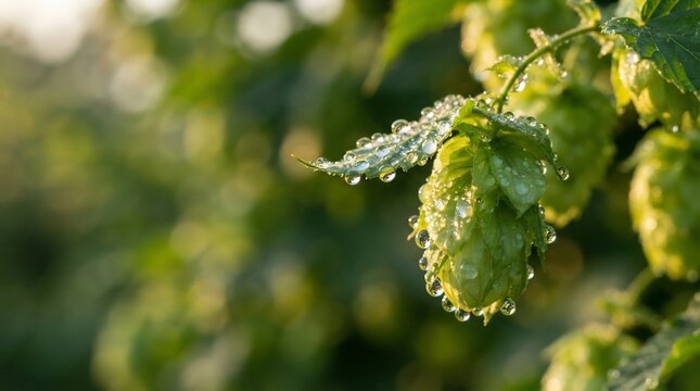 Fresh green hop cone with dew drops on vine, raw ingredient for craft beer brewing and Oktoberfest harvest.