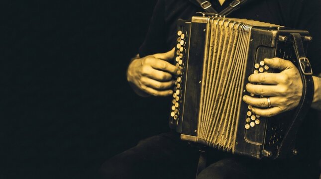 Musician playing vintage button accordion for traditional Oktoberfest folk music, close-up of hands on bellows and keys against dark background.