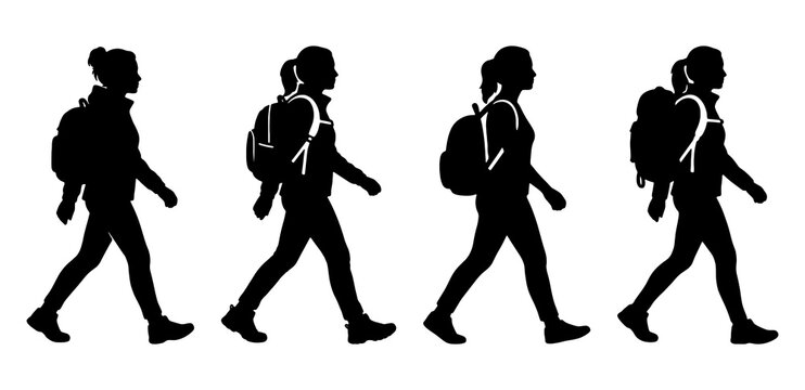 Woman walking with a backpack silhouette on white background
