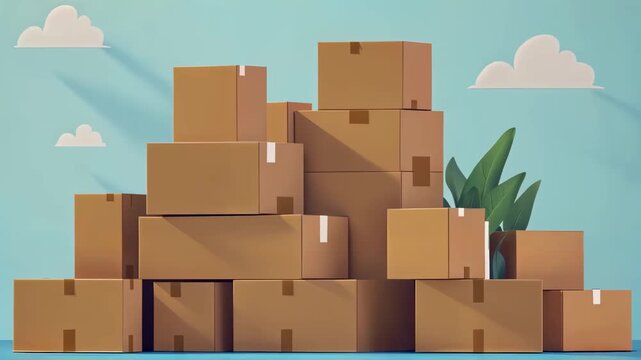 Cardboard Boxes Stacked High: A pile of brown cardboard boxes, neatly taped and ready for shipping, are stacked in a whimsical setting with fluffy clouds and a decorative plant.