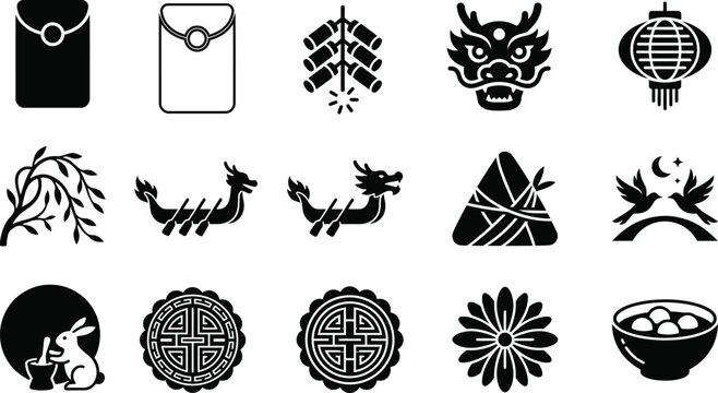 Collection of traditional chinese cultural symbols and iconic design elements in black