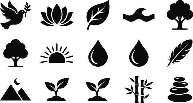 Collection of nature inspired black silhouette icons representing peace and growth