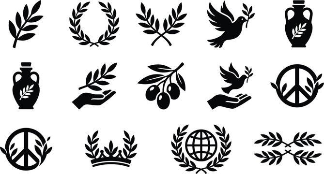 Vintage peace symbols and olive branches in a black and white illustration