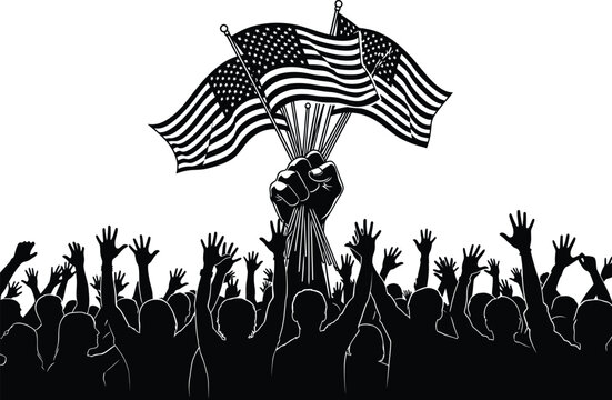 Large crowd of people raising hands and waving american flags in a patriotic display