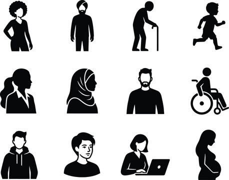 Diverse group of people silhouettes representing various ages and abilities