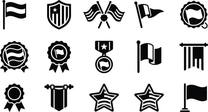 Collection of vintage military and patriotic emblems flags medals and badges