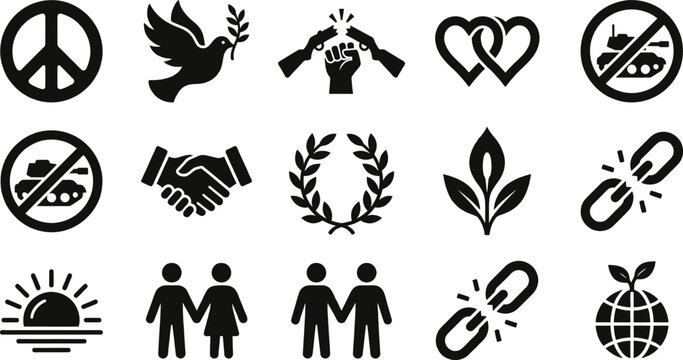 Black silhouette icons representing peace unity love and global harmony concepts
