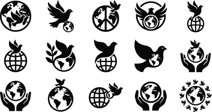 Black and white icons representing global peace nature and environmental protection concepts