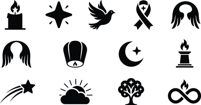 Collection of minimalist black silhouette icons representing hope spirituality and remembrance