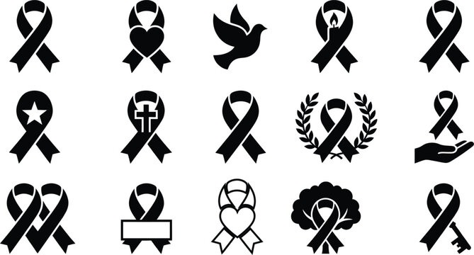 Collection of black ribbon symbols representing remembrance grief and support