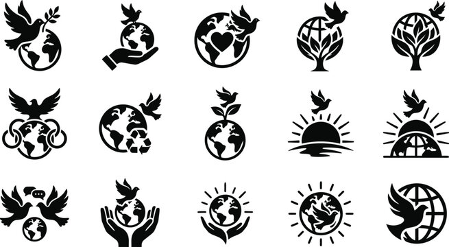 Collection of black and white earth icons with birds hands and plants