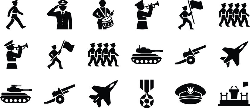 Black silhouette icons representing military personnel vehicles and concepts