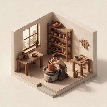 Isometric pottery workshop studio with potter at spinning wheel
