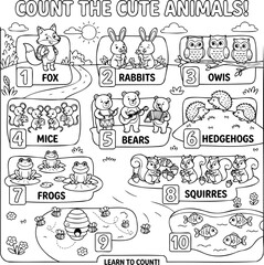 Fototapeta premium Cute cartoon animals counting educational illustration Vector, illustration