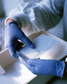 Conservation geneticist in blue glove sliding sealed aluminum seed envelope into archival tray under clean laboratory lighting, with careful handling and focused research