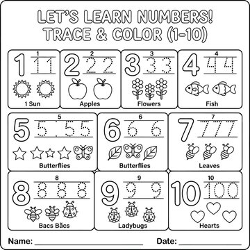 Educational tracing and coloring worksheet for learning numbers 1 to 10 with pictures Vector, illustration