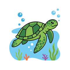 Fototapeta premium Cute baby sea turtle swimming underwater with bubbles and seaweed isolated on white