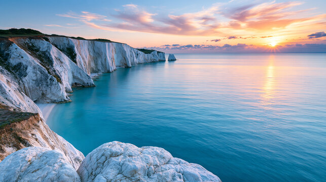 White Chalk Cliffs Along Ocean Coast At Sunset Concept Of Coastal Travel Scenic Nature Freedom And Serenity