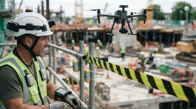 AI driven construction safety equipment with smart helmets, sensor tags, geofencing beacons, barrier tape, and drone monitoring