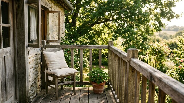 Rustic wooden balcony with a cozy chair and lush green forest view outside