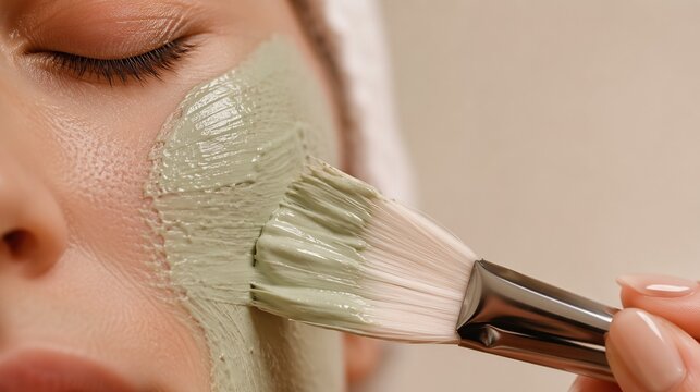 Close Up Of Woman Receiving Green Clay Facial Mask Treatment Applied With Brush Concept Of Skincare Spa Cosmetology And Beauty Routine