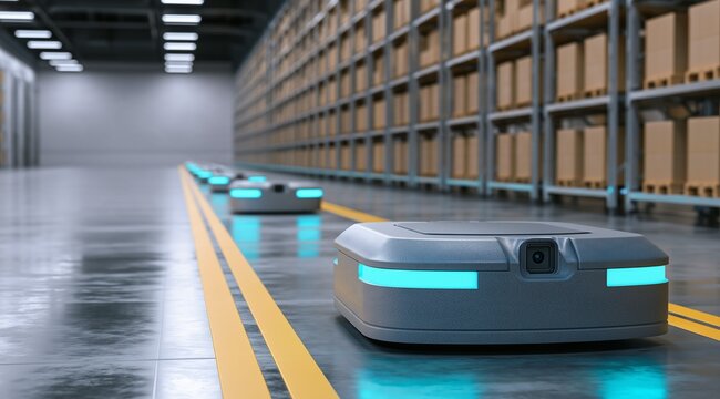 Fleet Of Autonomous Mobile Robots Moving In Fulfillment Warehouse Concept Of Smart Logistics AI Automation And Supply Chain Technology