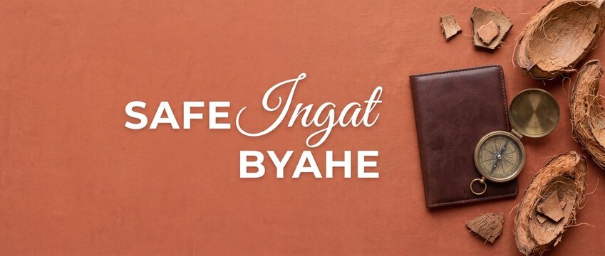 Philippines safe travel flat lay background with vintage compass, leather passport wallet, coconut shells, and Tagalog text Ingat Byahe, perfect for a tropical adventure banner layout concept card.